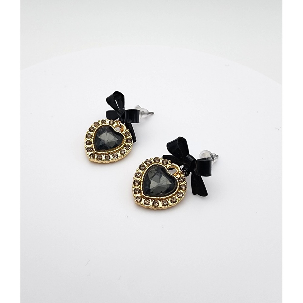 Gold Tone Heart Bow Earrings Black Rhinestone Romantic‎